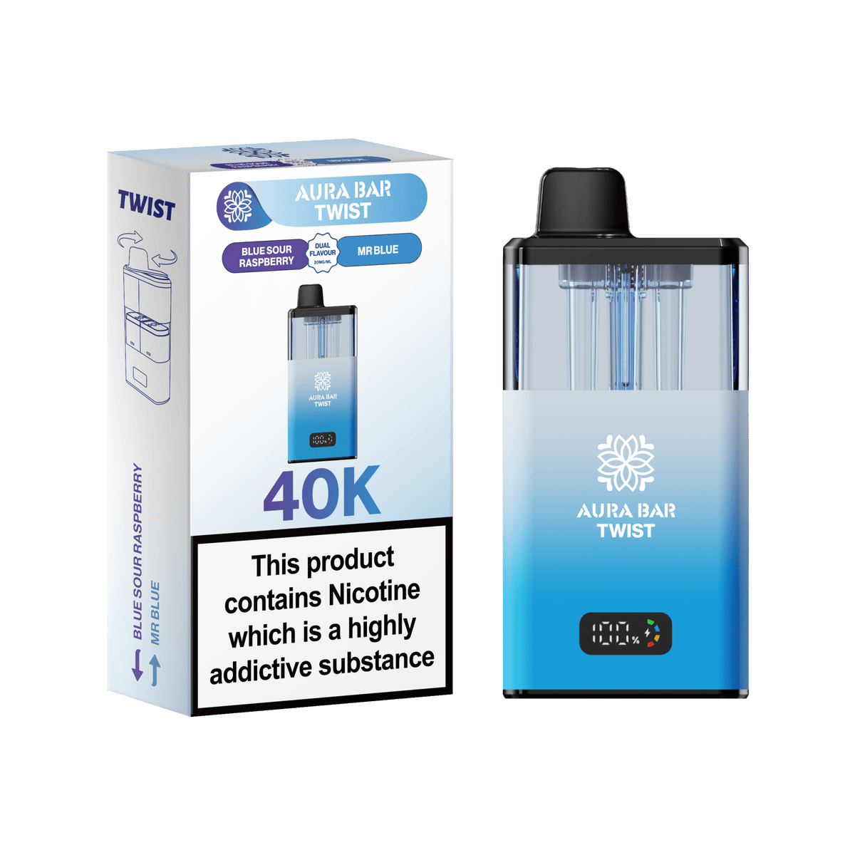 Aura Bar Twist 40k Prefilled Pod Vape Kit Box of 5 Blue Sour Raspberry / Mr Blue