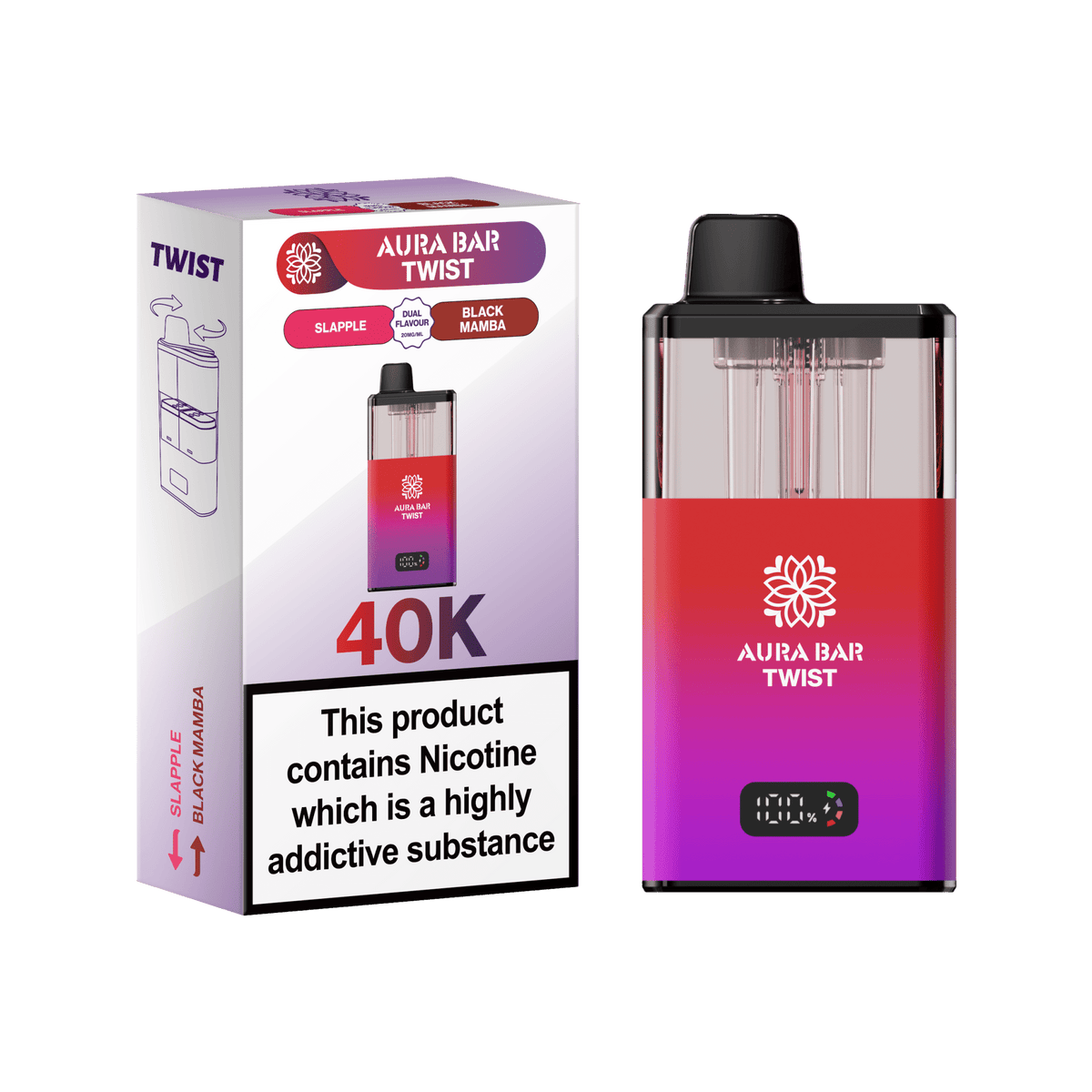 Aura Bar Twist 40k Prefilled Pod Vape Kit Box of 5 Slapple / Black Mamba