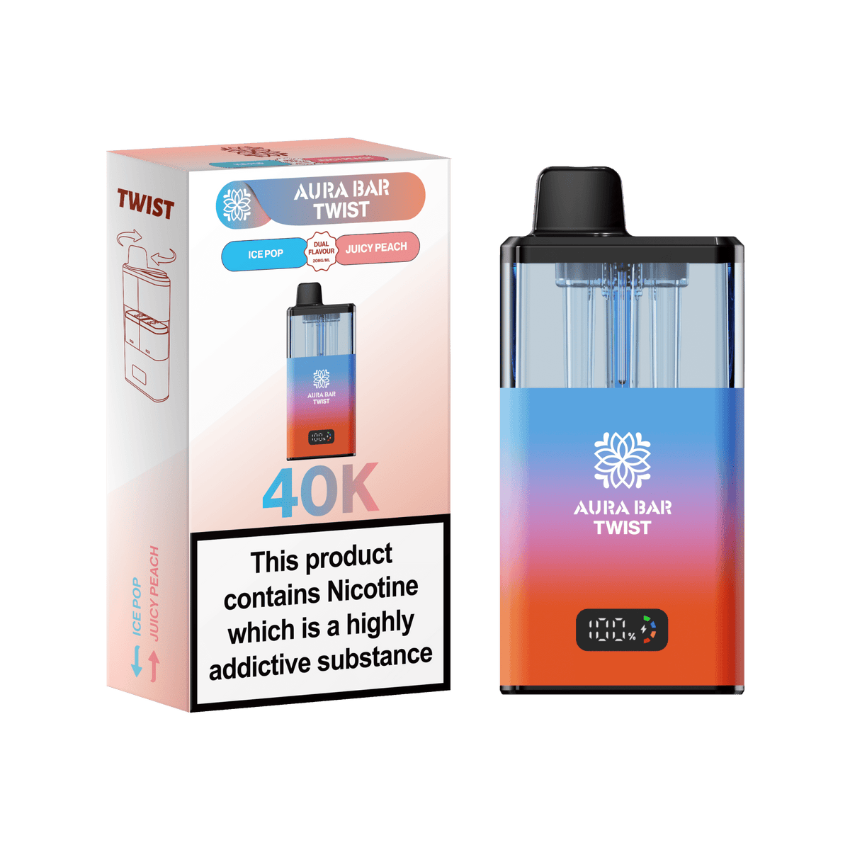 Aura Bar Twist 40k Prefilled Pod Vape Kit Box of 5 Ice Pop / Juicy Peach