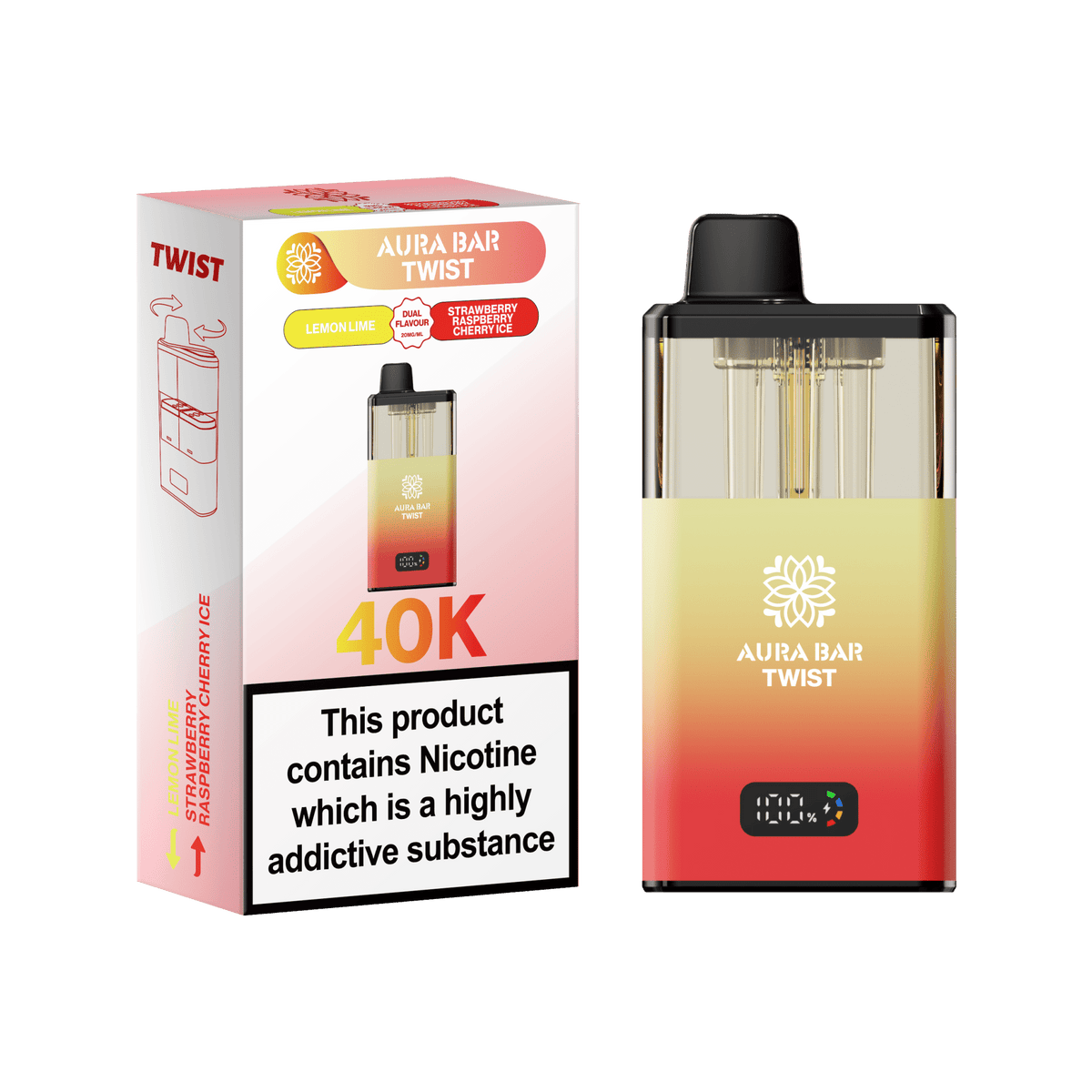 Aura Bar Twist 40k Prefilled Pod Vape Kit Box of 5 Lemon Lime / Strawberry Raspberry Cherry Ice