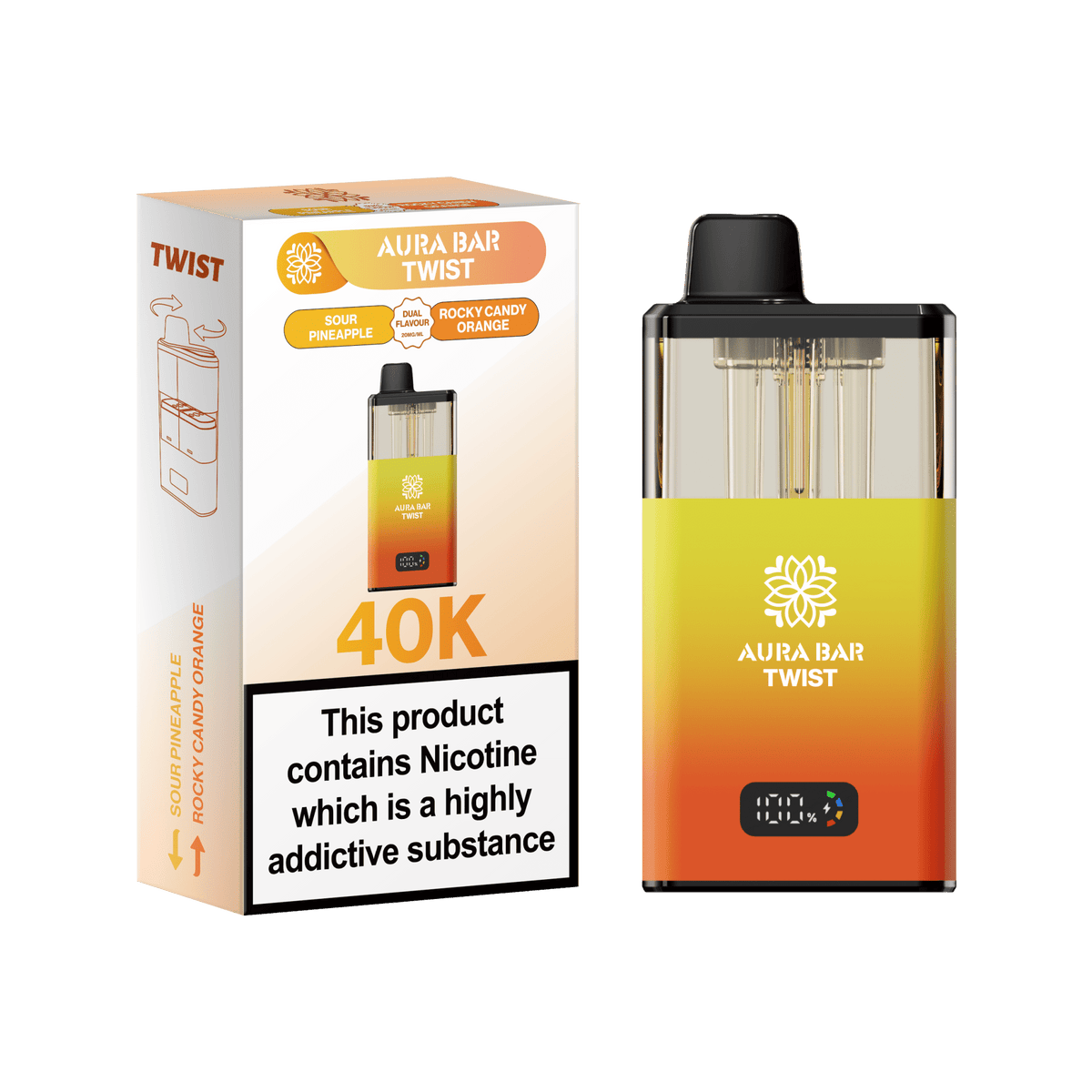 Aura Bar Twist 40k Prefilled Pod Vape Kit Box of 5 Sour Pineapple / Rocky Candy Orange