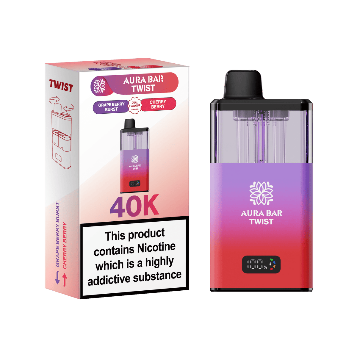 Aura Bar Twist 40k Prefilled Pod Vape Kit Box of 5 Grape Berry Burst / Cherry Berry