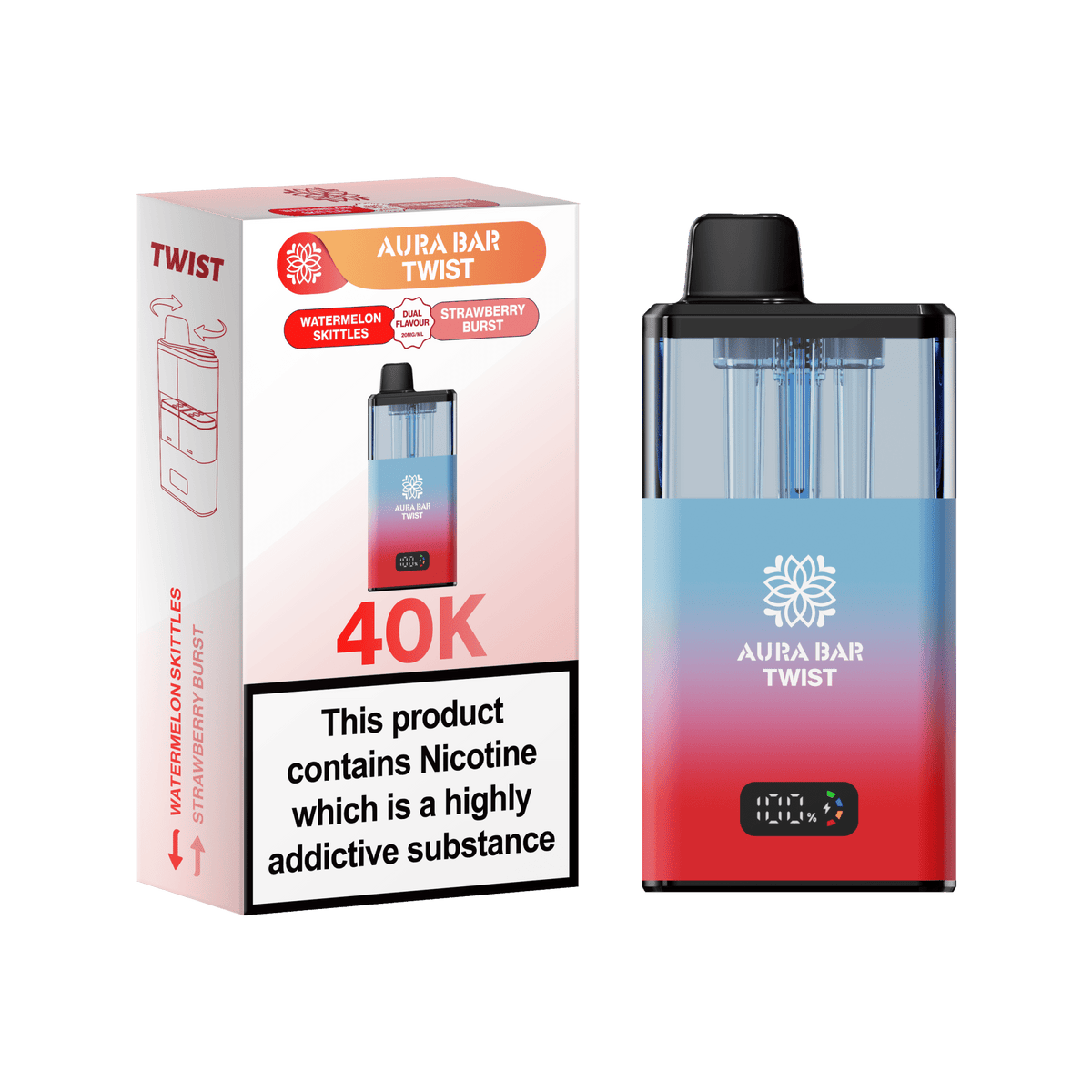 Aura Bar Twist 40k Prefilled Pod Vape Kit Box of 5 Watermelon Skittles / Strawberry Burst