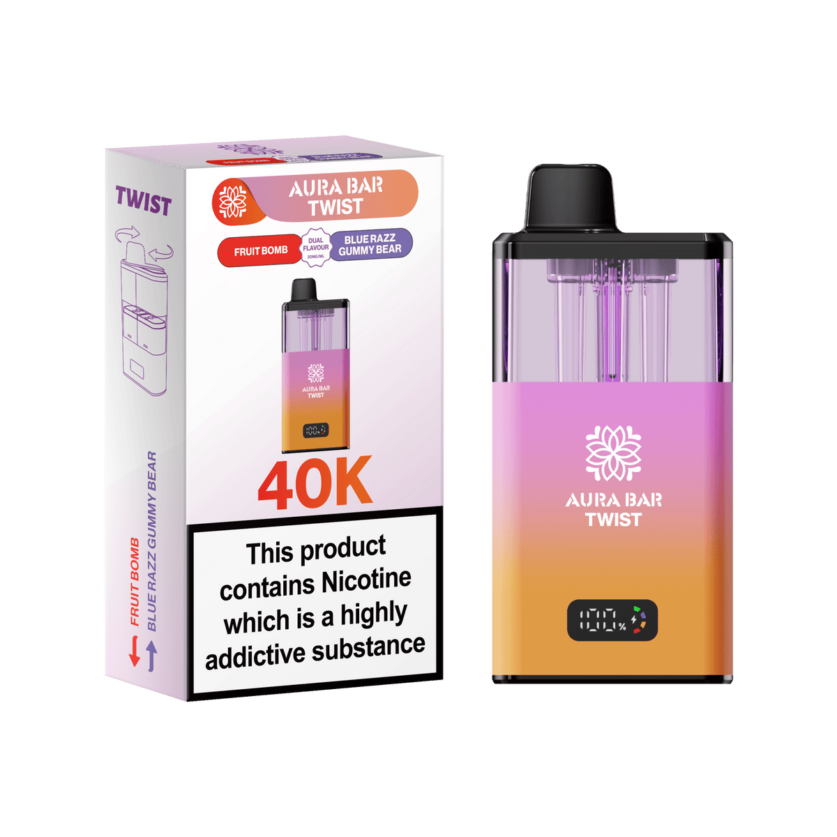 Aura Bar Twist 40k Prefilled Pod Vape Kit Box of 5 Fruit Bomb / Blue Razz Gummy Bear