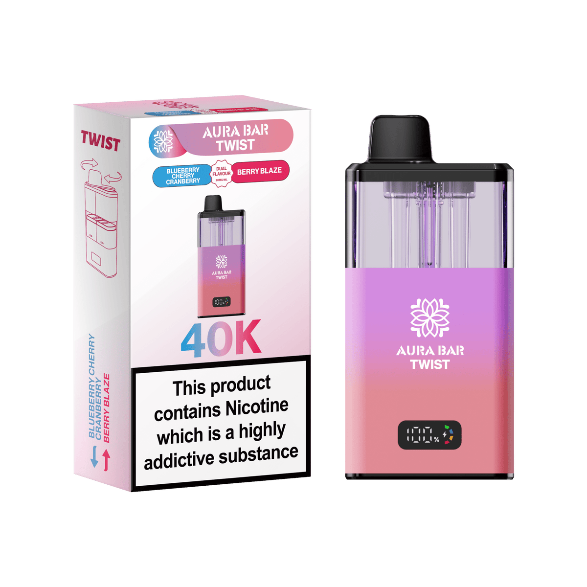 Aura Bar Twist 40k Prefilled Pod Vape Kit Box of 5 Blueberry Cherry Cranberry / Berry Blaze