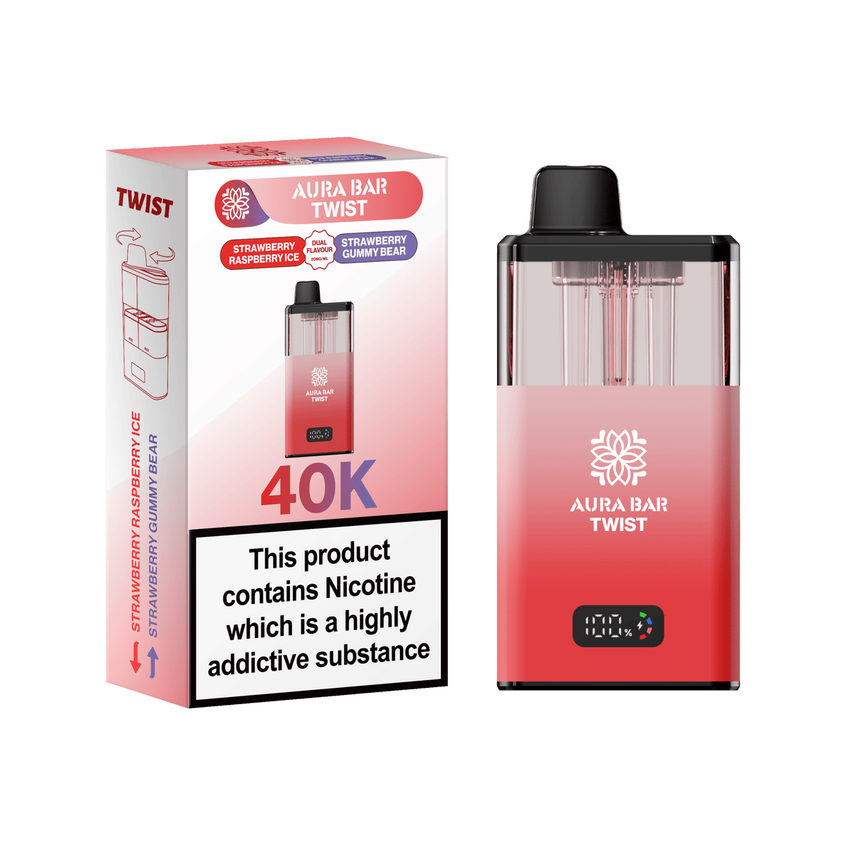 Aura Bar Twist 40k Prefilled Pod Vape Kit Box of 5 Strawberry Raspberry Ice / Strawberry Gummy Bear