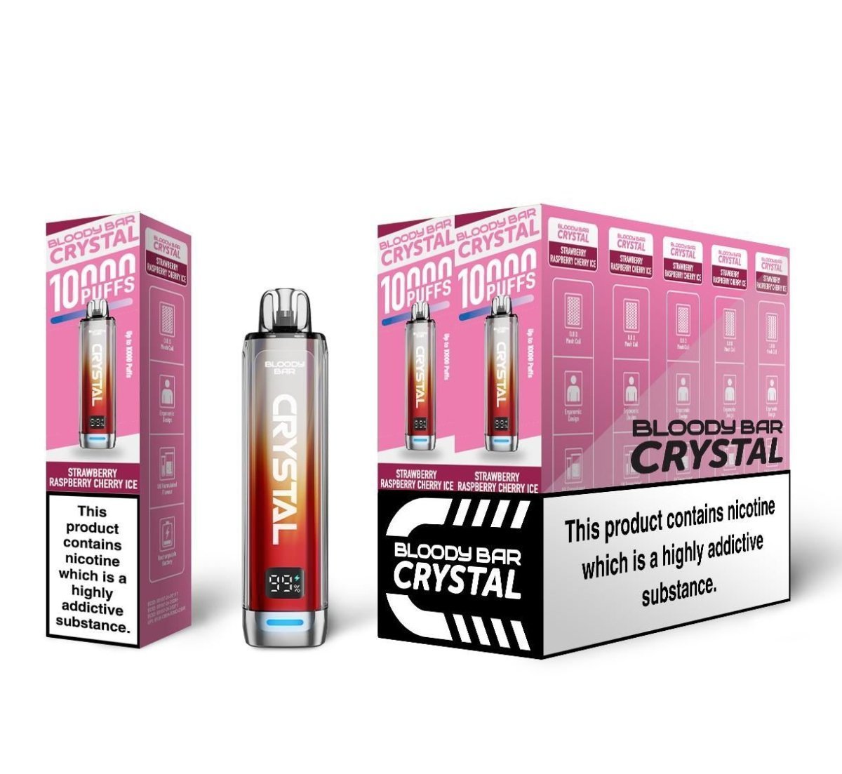 Bloody Bar Crystal 10k Prefilled Pod Vape Kit Pack of 10 Strawberry Raspberry Cherry Ice