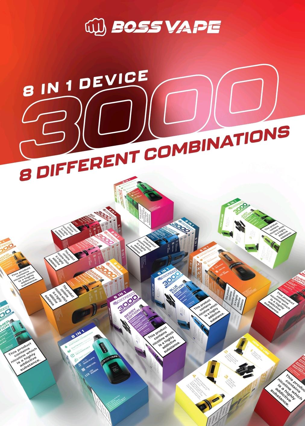 Boss Vape 3000 Prefilled Vape Box of 5 | 8 in 1 Edition Berry Edition