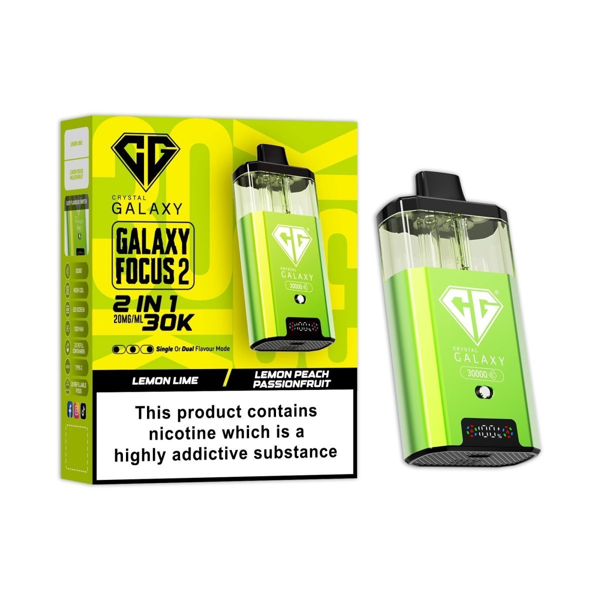 Crystal Galaxy 30k Focus 2 Prefilled Pod Vape Kit Box of 5 Lemon Lime / Lemon Passion Fruit