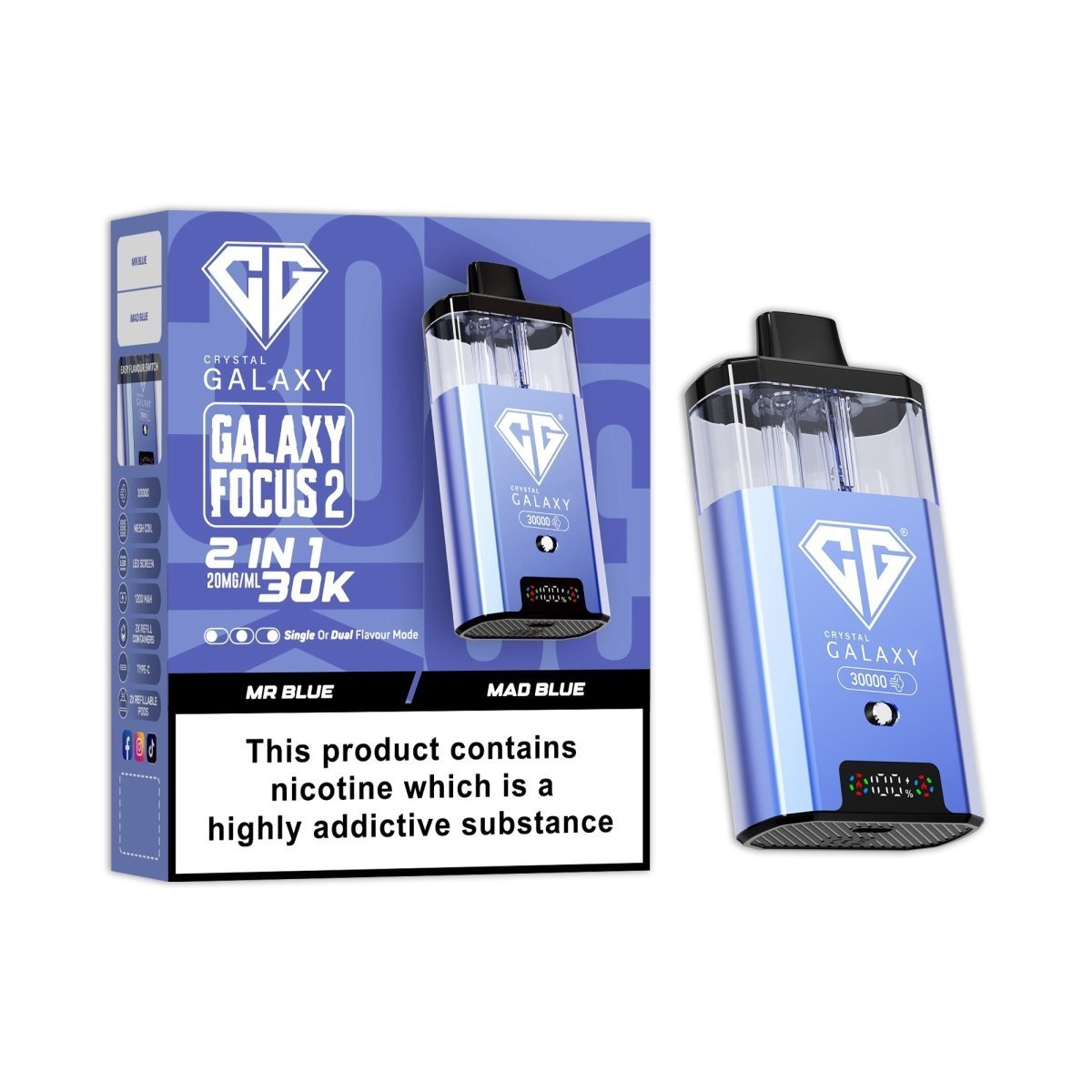 Crystal Galaxy 30k Focus 2 Prefilled Pod Vape Kit Box of 5 Mr Blue / Mad Blue