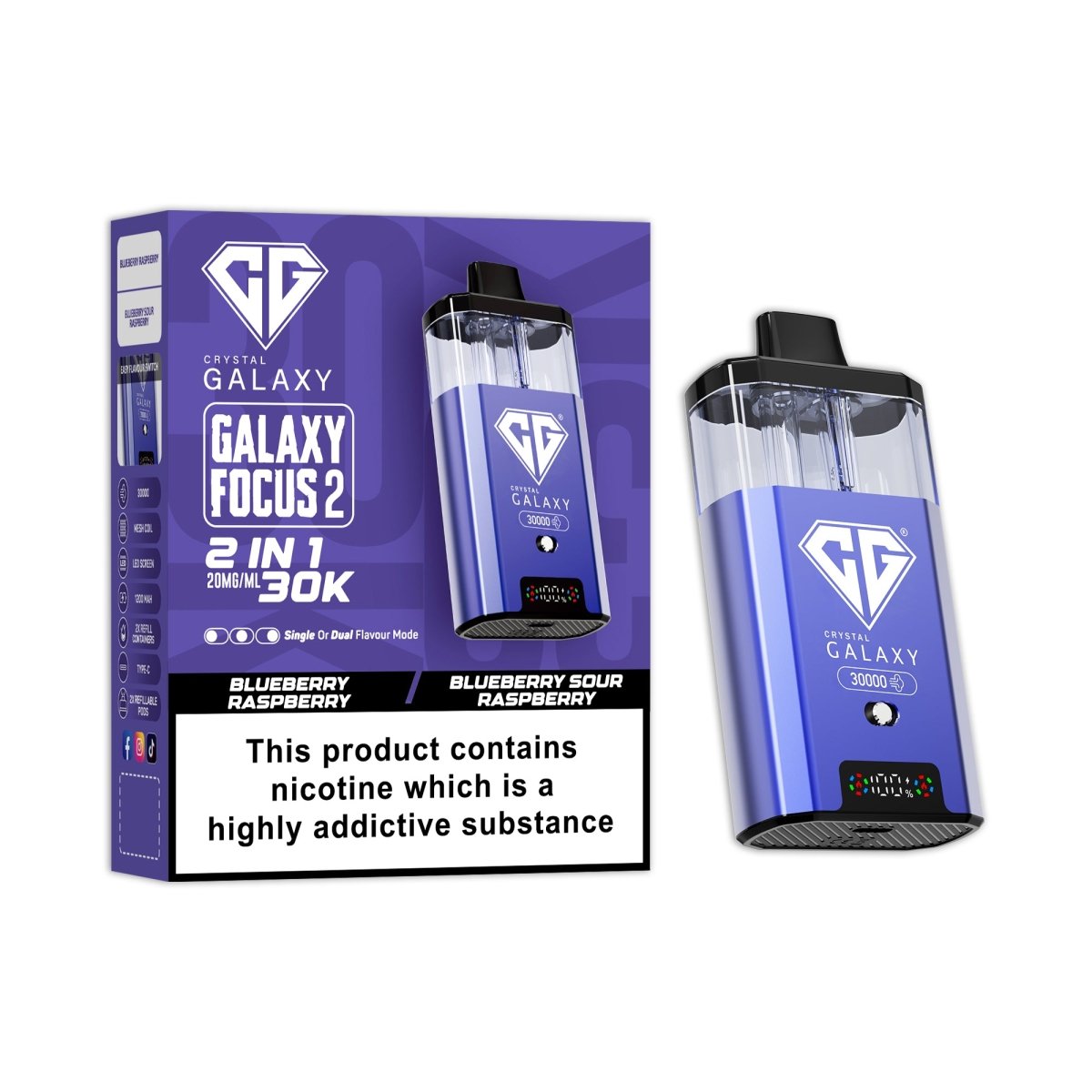 Crystal Galaxy 30k Focus 2 Prefilled Pod Vape Kit Box of 5 Blueberry Raspberry / Blueberry Sour Raspberry