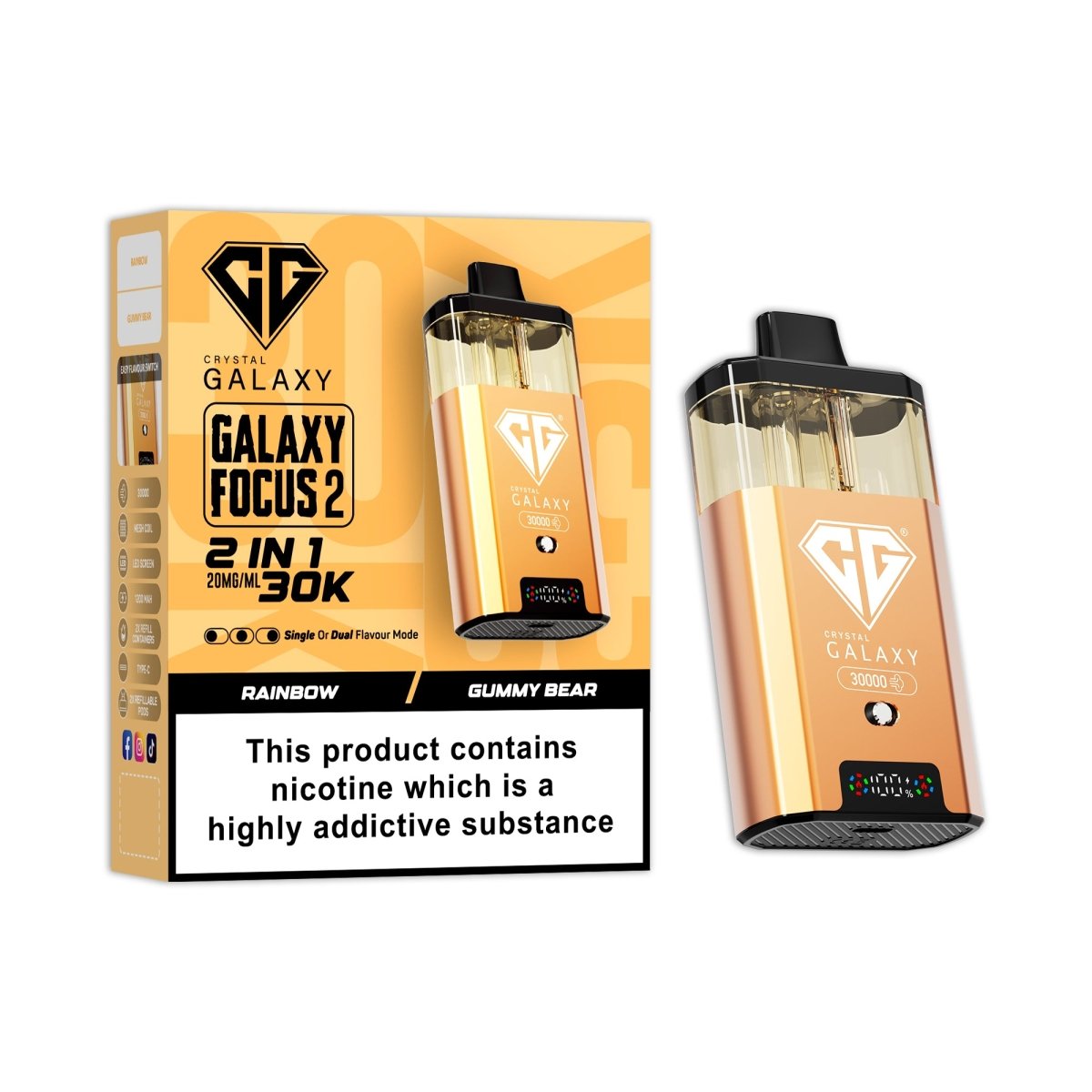 Crystal Galaxy 30k Focus 2 Prefilled Pod Vape Kit Box of 5 Rainbow / Gummy Bear