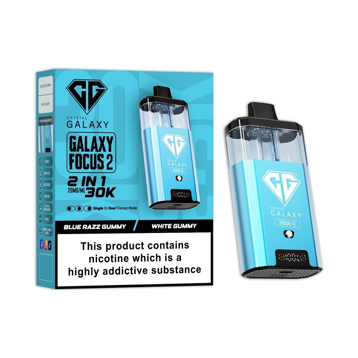 Crystal Galaxy 30k Focus 2 Prefilled Pod Vape Kit Box of 5 Blue Razz Gummy / White Gummy