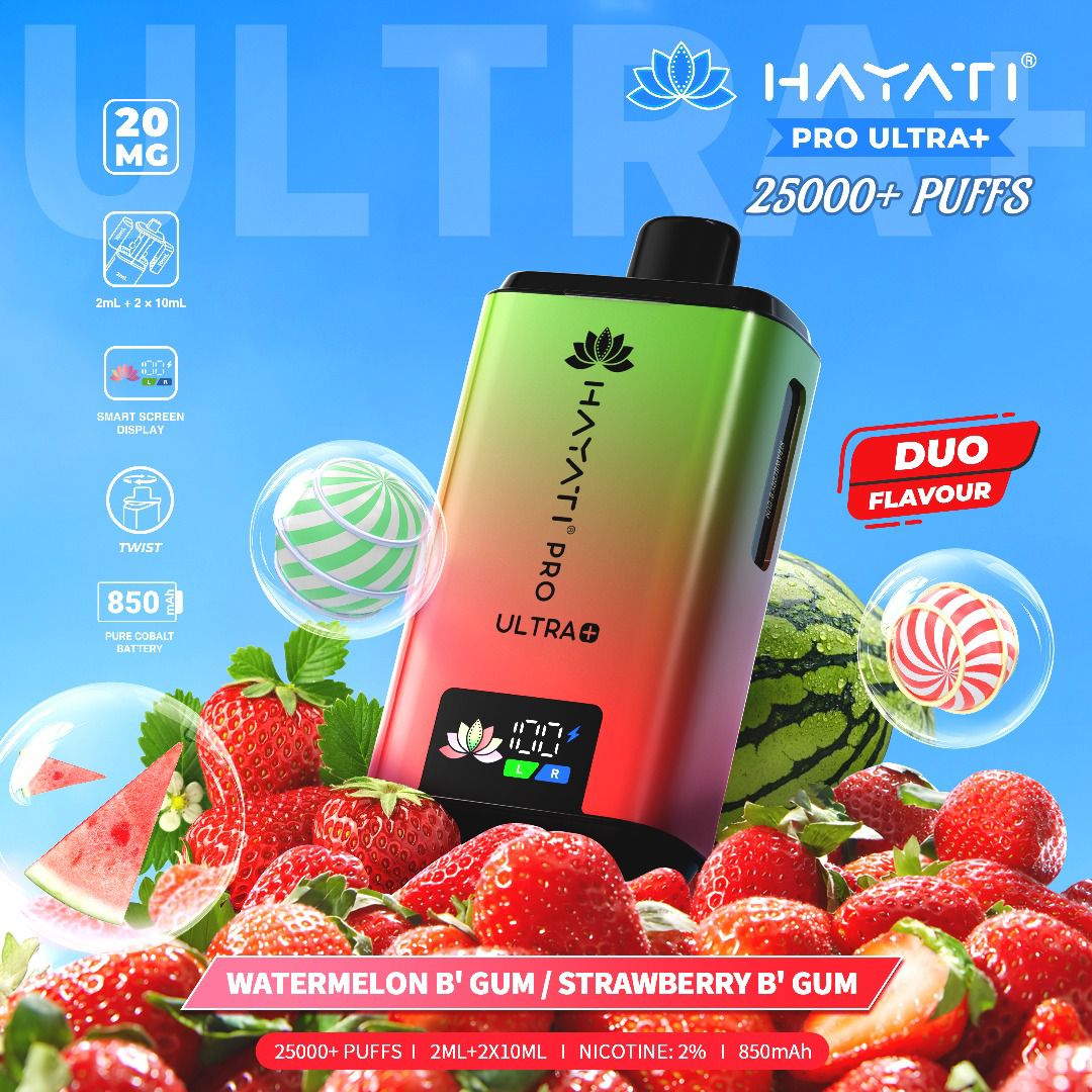 Hayati Pro Ultra Plus 25k Vape Kit Box of 5 Watermelon B' Gum / Strawberry B' Gum