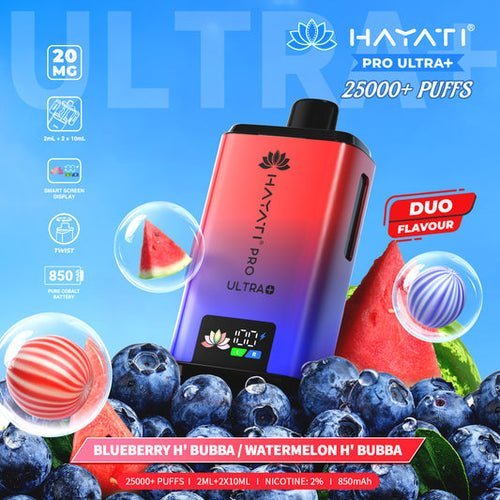 Hayati Pro Ultra Plus 25k Vape Kit Box of 5 Blueberry Hubba Bubba / Watermelon Hubba Bubba