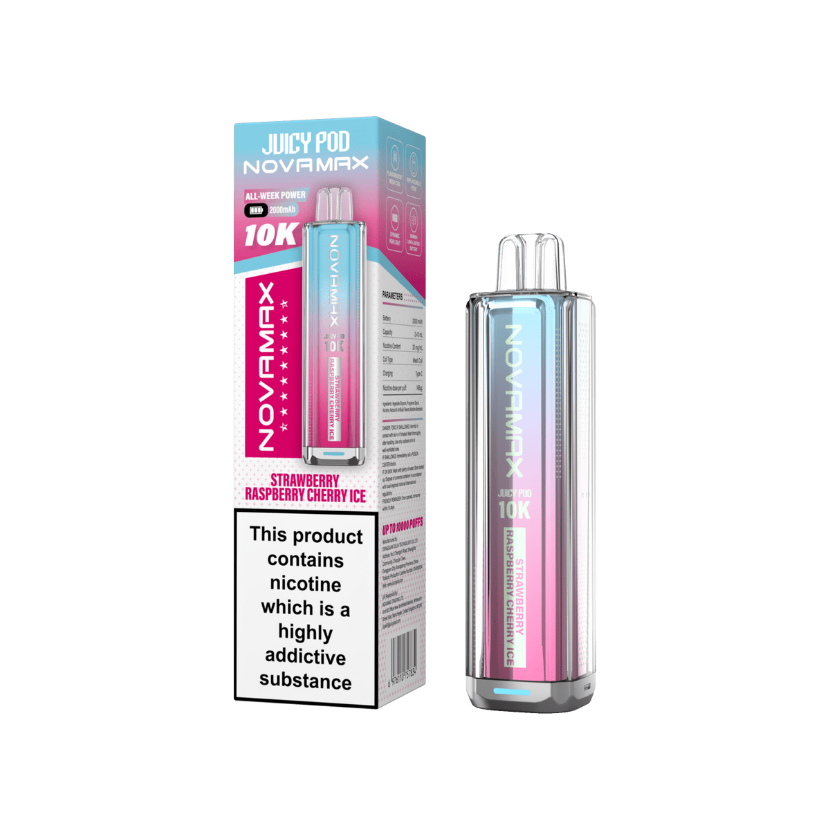 Juicy Pod Novamax 10k Prefilled Pod Vape Kit - Pack of 5 Strawberry Raspberry Cherry Ice