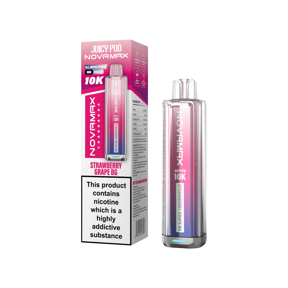 Juicy Pod Novamax 10k Prefilled Pod Vape Kit - Pack of 5 Strawberry Grape BG