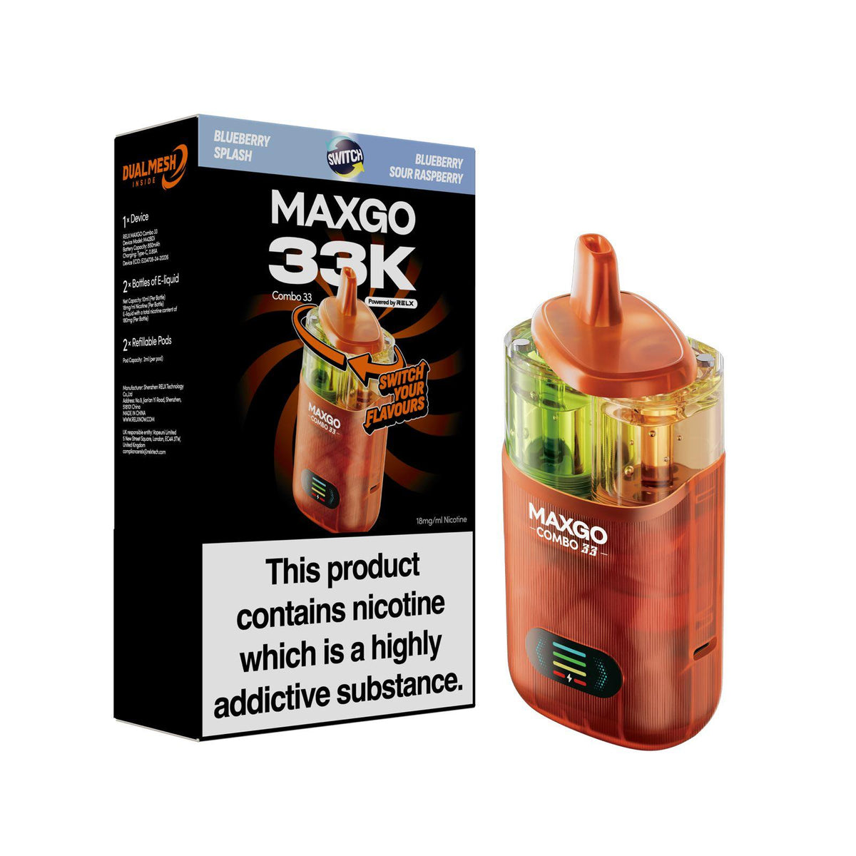 Relx Maxgo 33k Prefilled Pod Vape Kit - Pack of 3 Chery Blast + Blueberry Cherry Cranberry