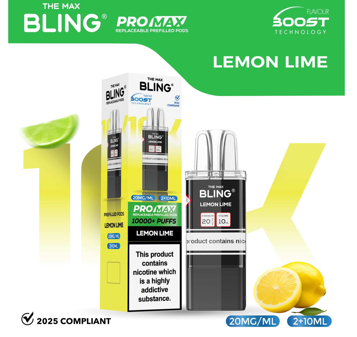 The Bling 10k Pro Max Replacement Pods (BOX OF 5) Lemon Lime