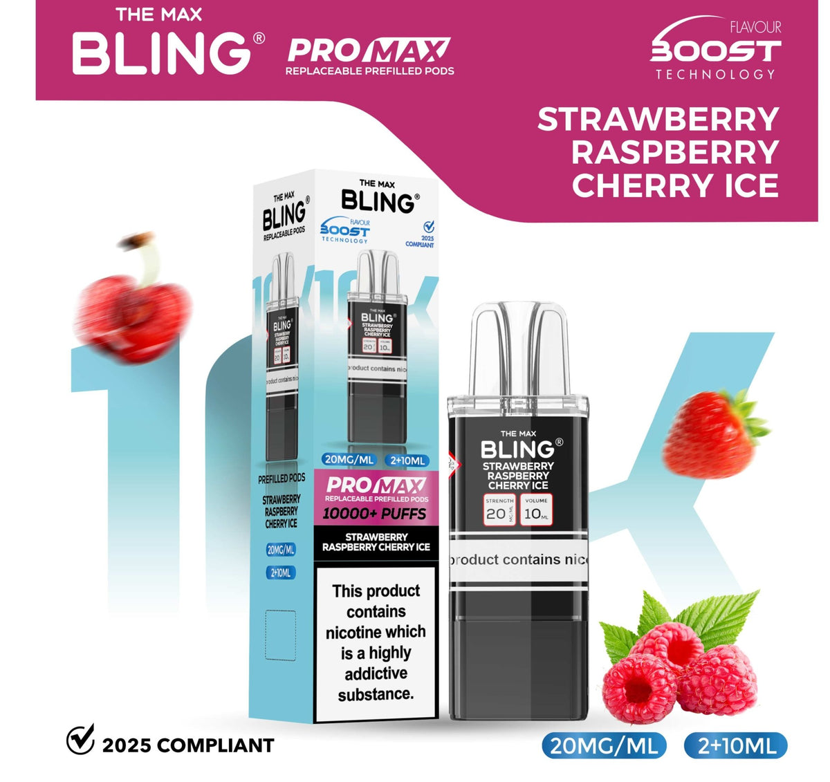 The Bling 10k Pro Max Replacement Pods (BOX OF 5) Strawberry Raspberry Cherry Ice