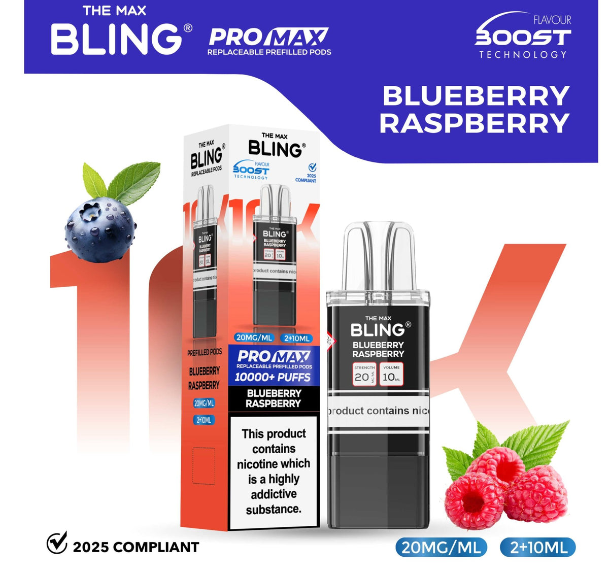 The Bling 10k Pro Max Replacement Pods (BOX OF 5) Blueberry Raspberry