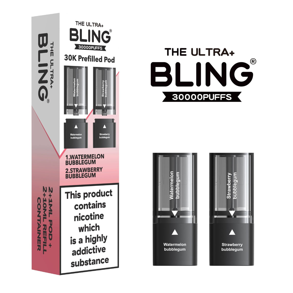 The Bling Ultra Plus 30k Replacement Pods Pack of 5 Watermelon Bubblegum/Strawberry Bubblegum