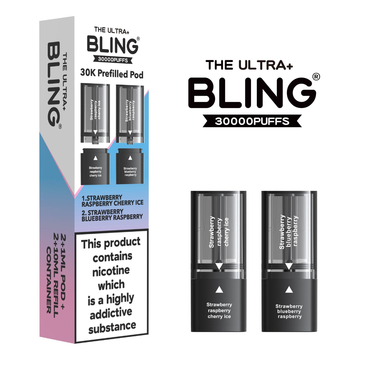The Bling Ultra Plus 30k Replacement Pods Pack of 5 Strawberry Raspberry Cherry Ice/Strawberry Blueberry Raspberry
