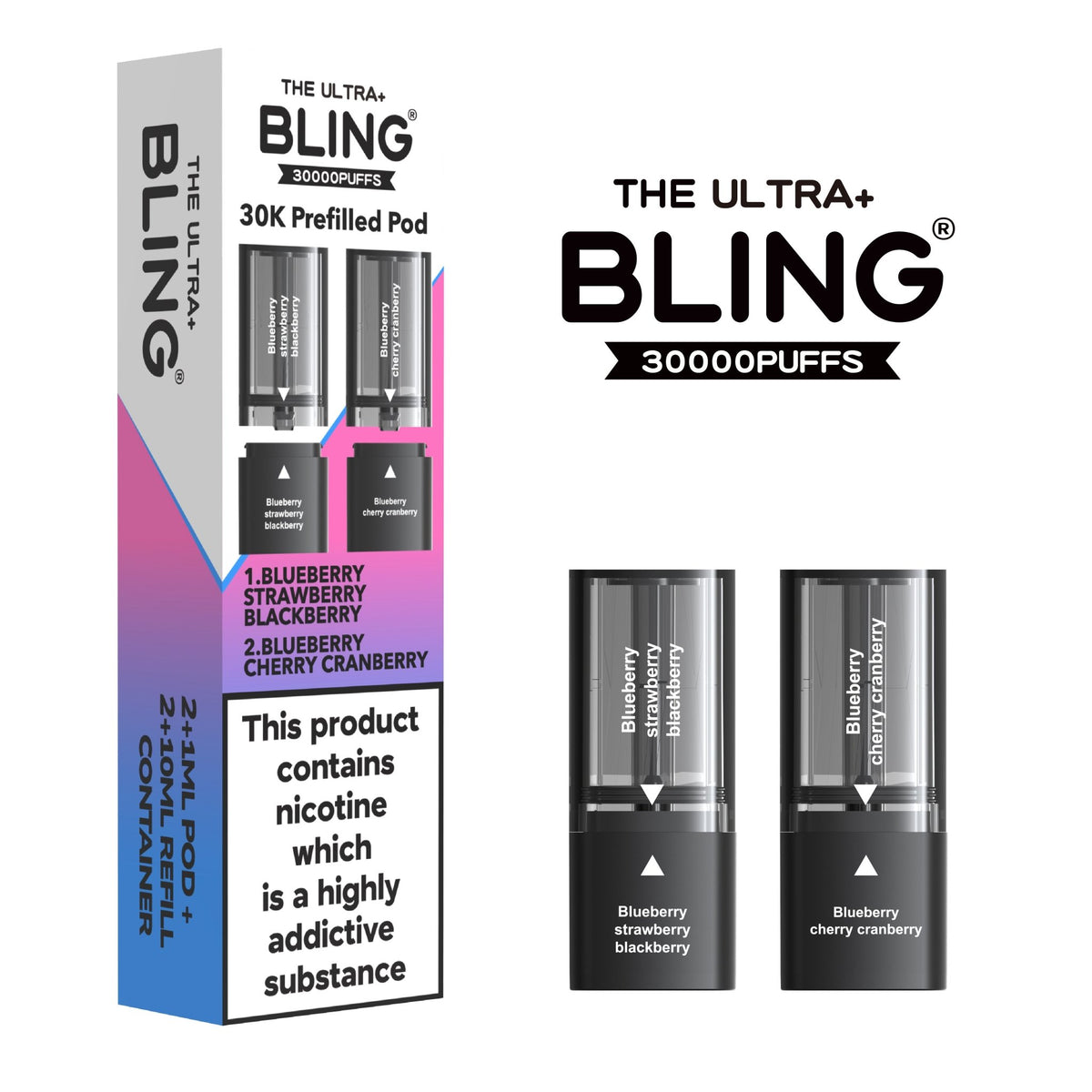 The Bling Ultra Plus 30k Replacement Pods Pack of 5 Blueberry Strawberry Blackberry/Blueberry Cherry Cranberry