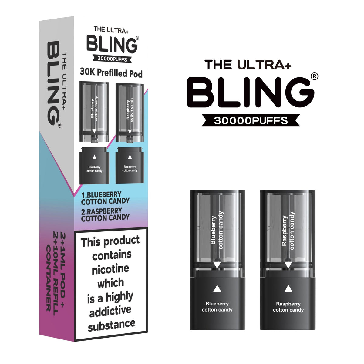 The Bling Ultra Plus 30k Replacement Pods Pack of 5 Blueberry Cotton Candy/Raspberry Cotton Candy