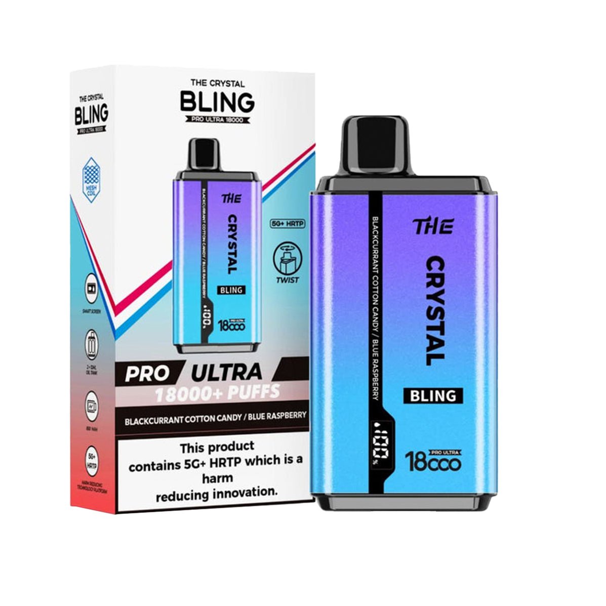 The Crystal Bling Pro Ultra Twist 18k Prefilled Pod Vape Box of 10 Blackcurrant Cotton Candy / Blue Raspberry