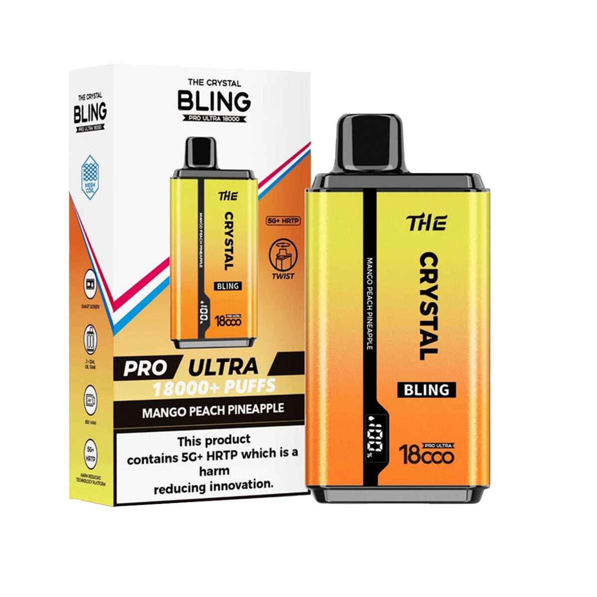 The Crystal Bling Pro Ultra Twist 18k Prefilled Pod Vape Box of 10 Mango Peach Pineapple