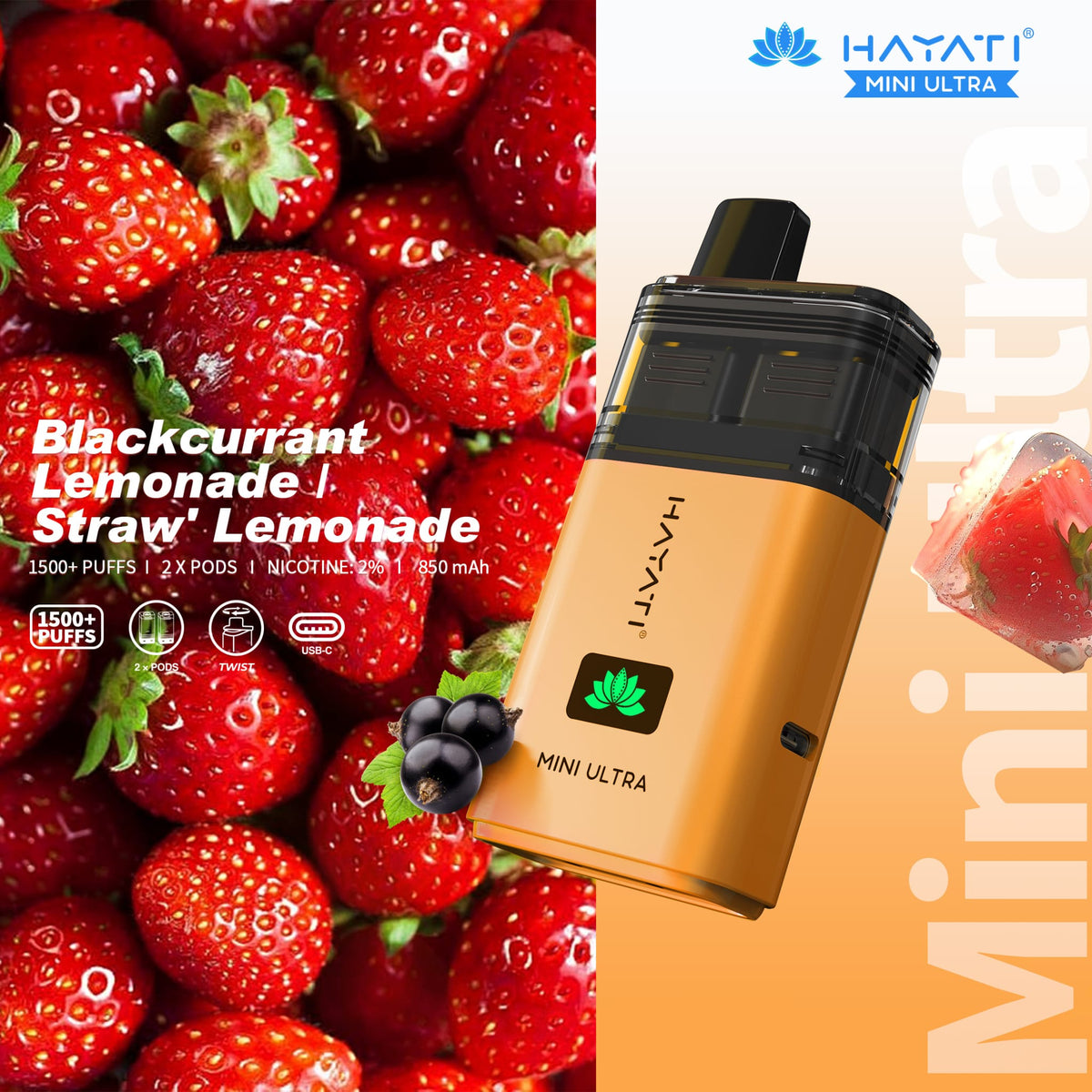 Hayati Mini Ultra 1500 Prefilled Pod Vape Kit Box of 5 Blackcurrant Lemonade / Straw Lemonade