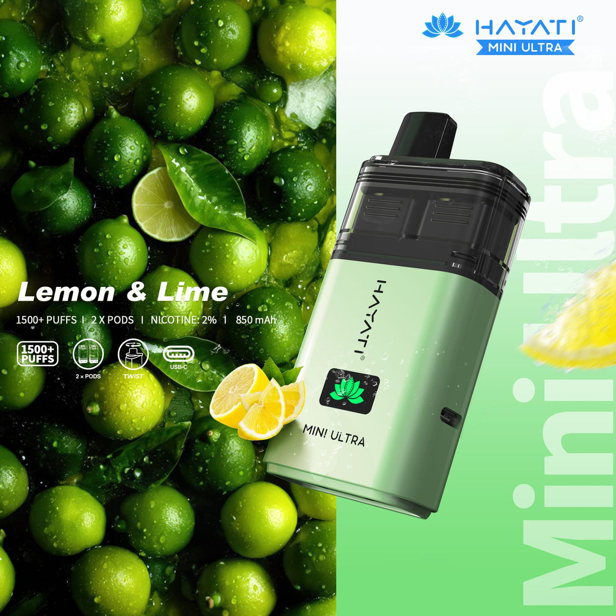 Hayati Mini Ultra 1500 Prefilled Pod Vape Kit Box of 5 Lemon & Lime