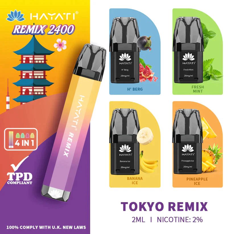 Hayati Remix 2400 Puffs 4 in 1 Prefilled Pod Vape Kit Box of 5 Tokyo Remix