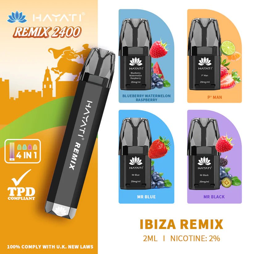 Hayati Remix 2400 Puffs 4 in 1 Prefilled Pod Vape Kit Box of 5 Ibiza Remix
