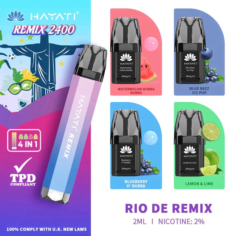 Hayati Remix 2400 Puffs 4 in 1 Prefilled Pod Vape Kit Box of 5 Rio De Remix