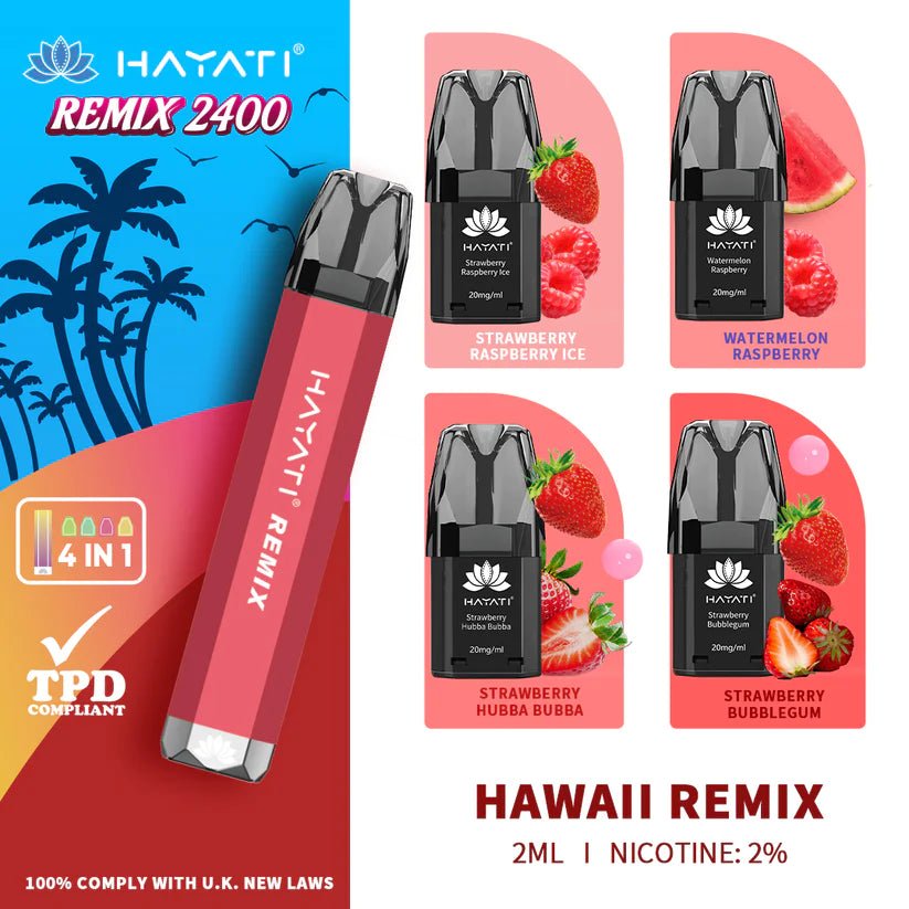 Hayati Remix 2400 Puffs 4 in 1 Prefilled Pod Vape Kit Box of 5 Hawaii Remix