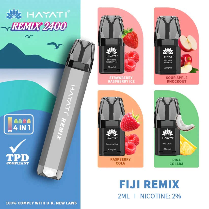 Hayati Remix 2400 Puffs 4 in 1 Prefilled Pod Vape Kit Box of 5 Fiji Remix