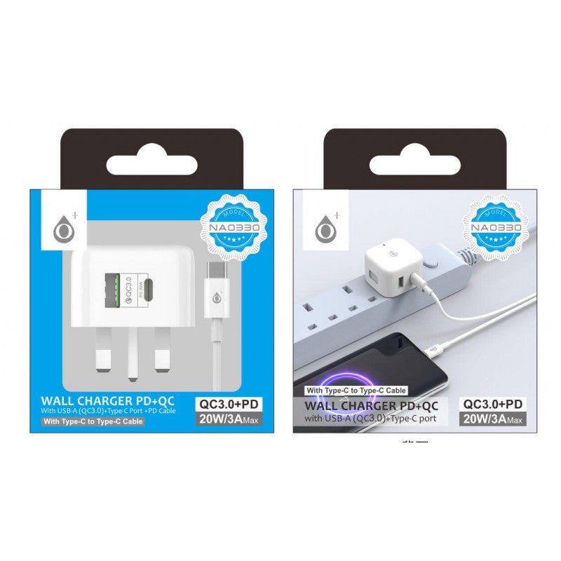 NA0330 TypeC 20W PD & USB 3A QC Wall Charger with TypeC to TypeC Fast Cable, White