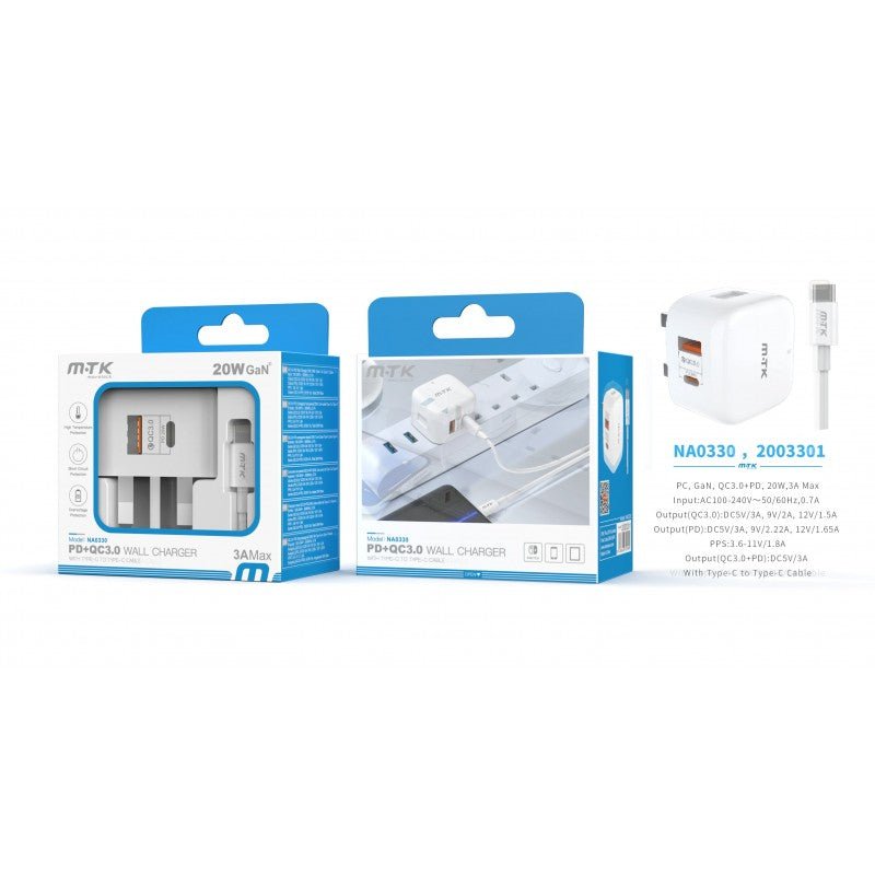 NA0330 TypeC 20W PD & USB 3A QC Wall Charger with TypeC to TypeC Fast Cable, White
