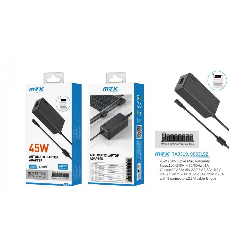 TA0319 45W Automatic Universal Laptop Charging Adapter, 11pcs "M"series tips, 1.2M, 12 - 20V, 2.25A, Black