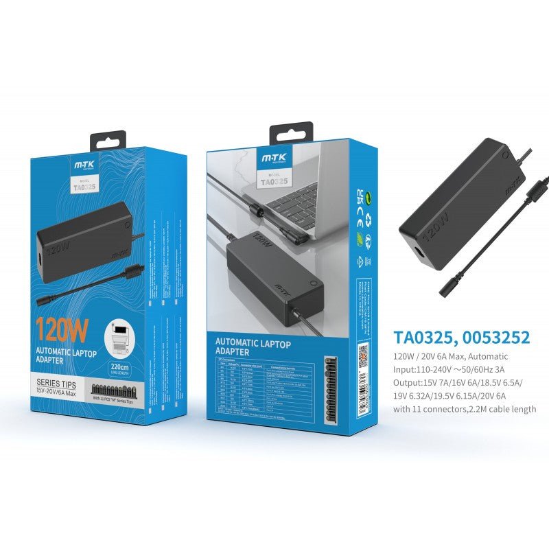 TA0325 120W Automatic Universal Laptop Charging Adapter, with 11pcs "M" series tips, 1.2M, Input:100 - 240V 60Hz/50Hz 3A, Output:15V - 20V 6A Max, Black