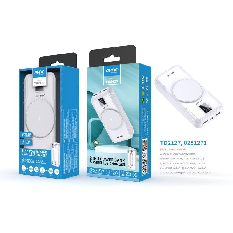 TD2127 2in1 Power Bank Hazel, 20000mAh, Fast Charging 22.5W & Wireless Charging 15W, Output (Micro USB+iPhone+Type - C+USB2.0), with Digital Display, White