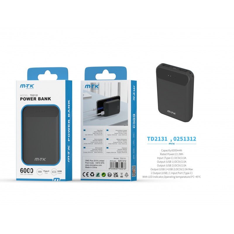 TD2131 Power Bank, 6000mAh, 5V/2A with LED indicator, Black