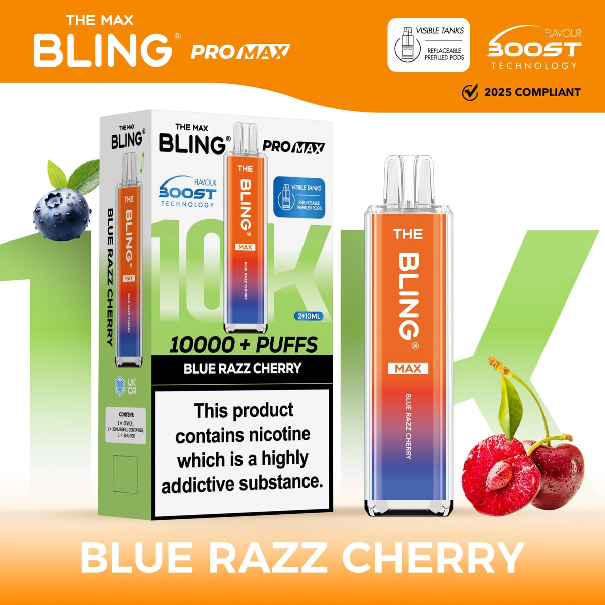 The Crystal Bling Max 10000 Prefilled Vape Pod Kit Box of 5 Blue Razz Cherry