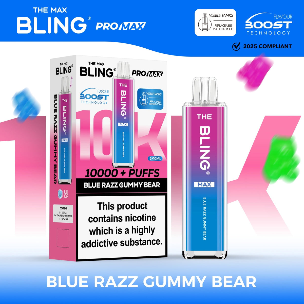 The Crystal Bling Max 10000 Prefilled Vape Pod Kit Box of 5 Blue Razz Gummy Bear