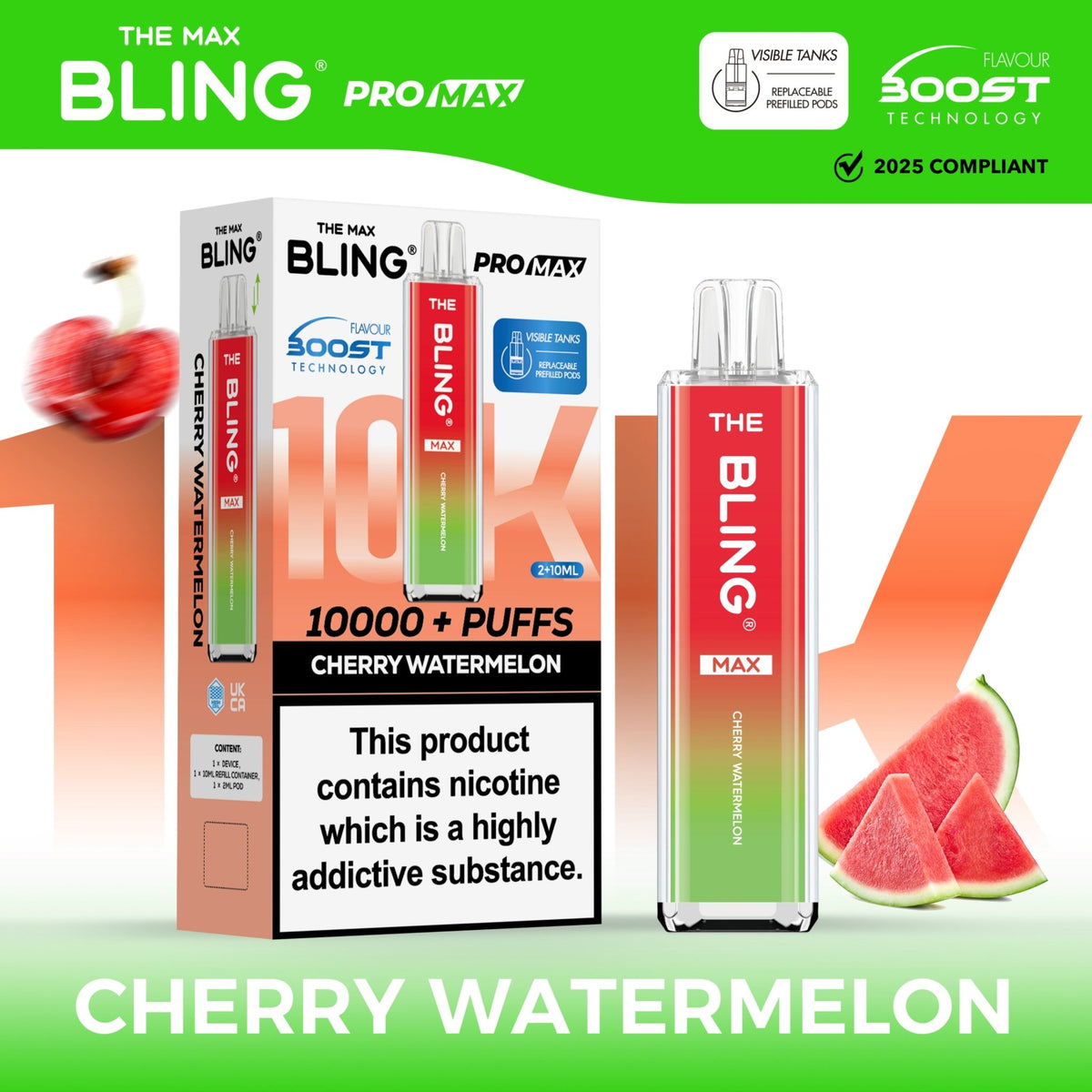 The Crystal Bling Max 10000 Prefilled Vape Pod Kit Box of 5 Cherry Watermelon