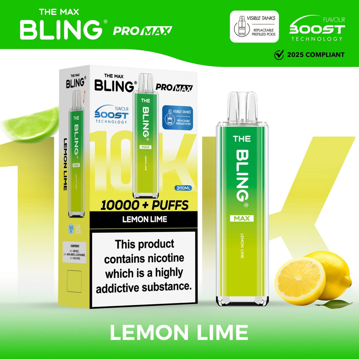 The Crystal Bling Max 10000 Prefilled Vape Pod Kit Box of 5 Lemon Lime