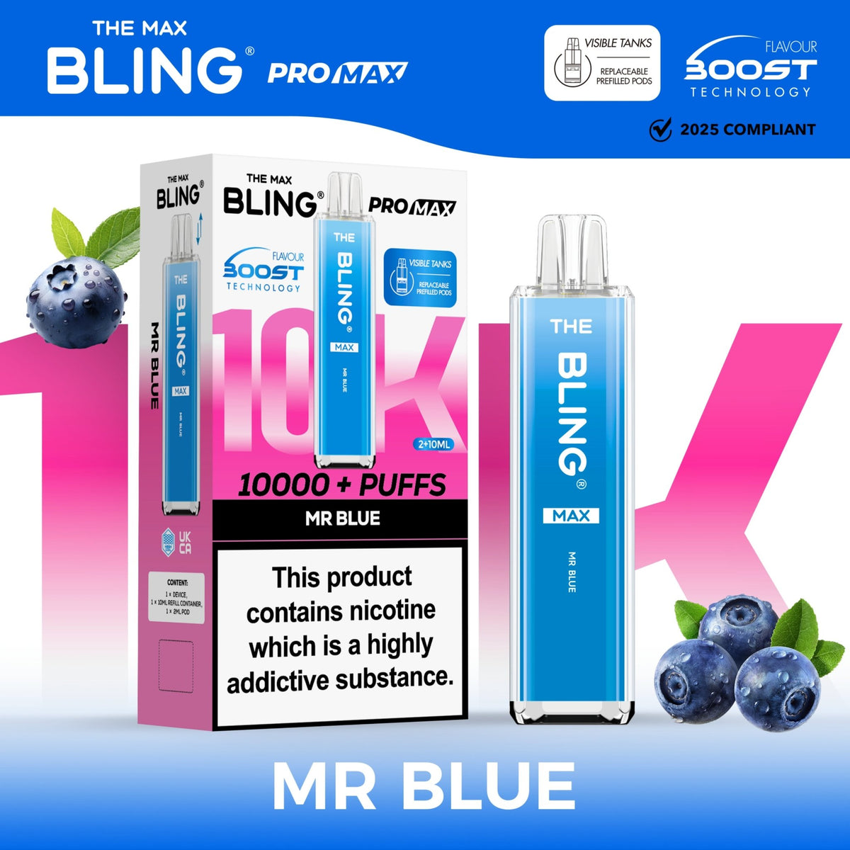 The Crystal Bling Max 10000 Prefilled Vape Pod Kit Box of 5 Mr Blue