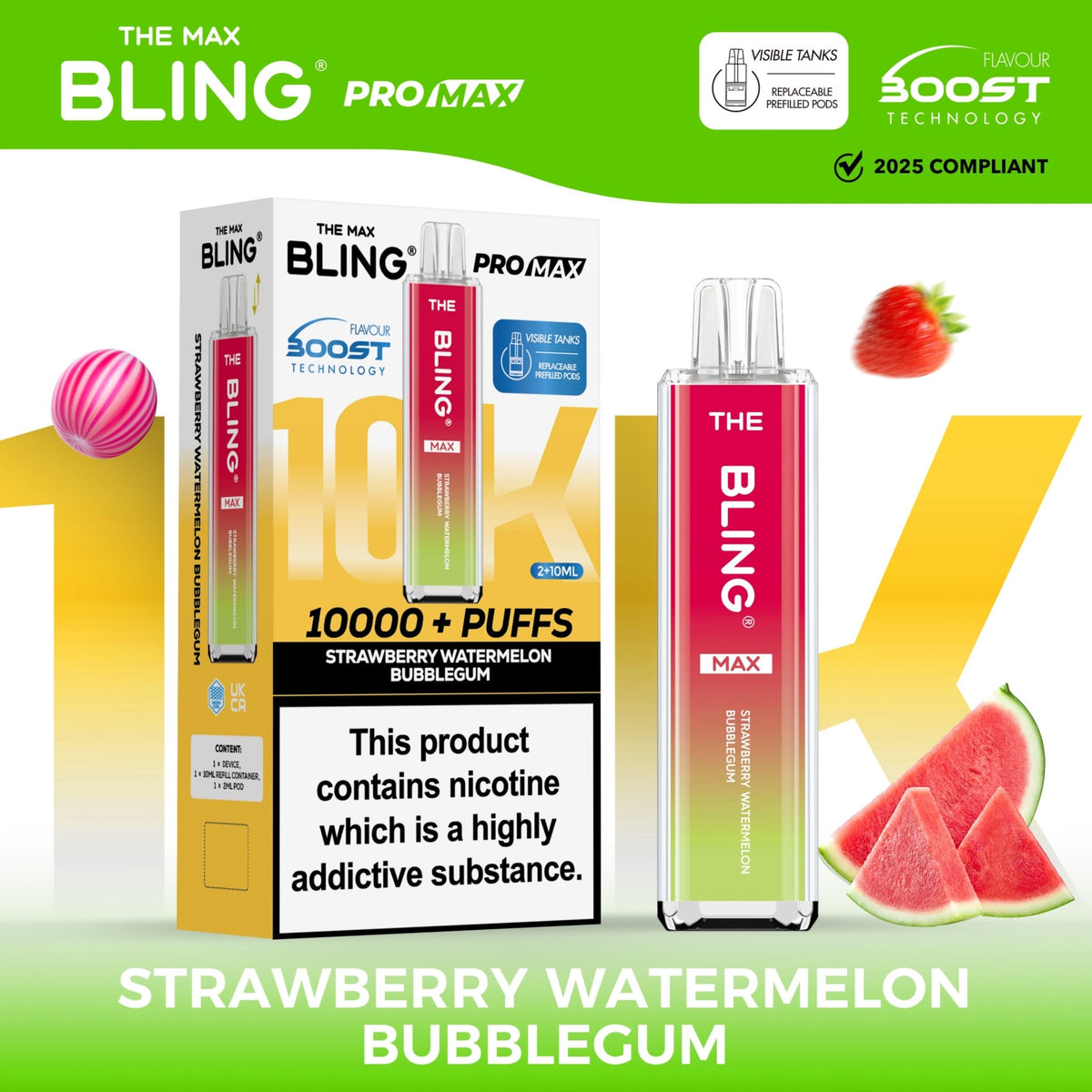 The Crystal Bling Max 10000 Prefilled Vape Pod Kit Box of 5 Strawberry Watermelon Bubble Gum